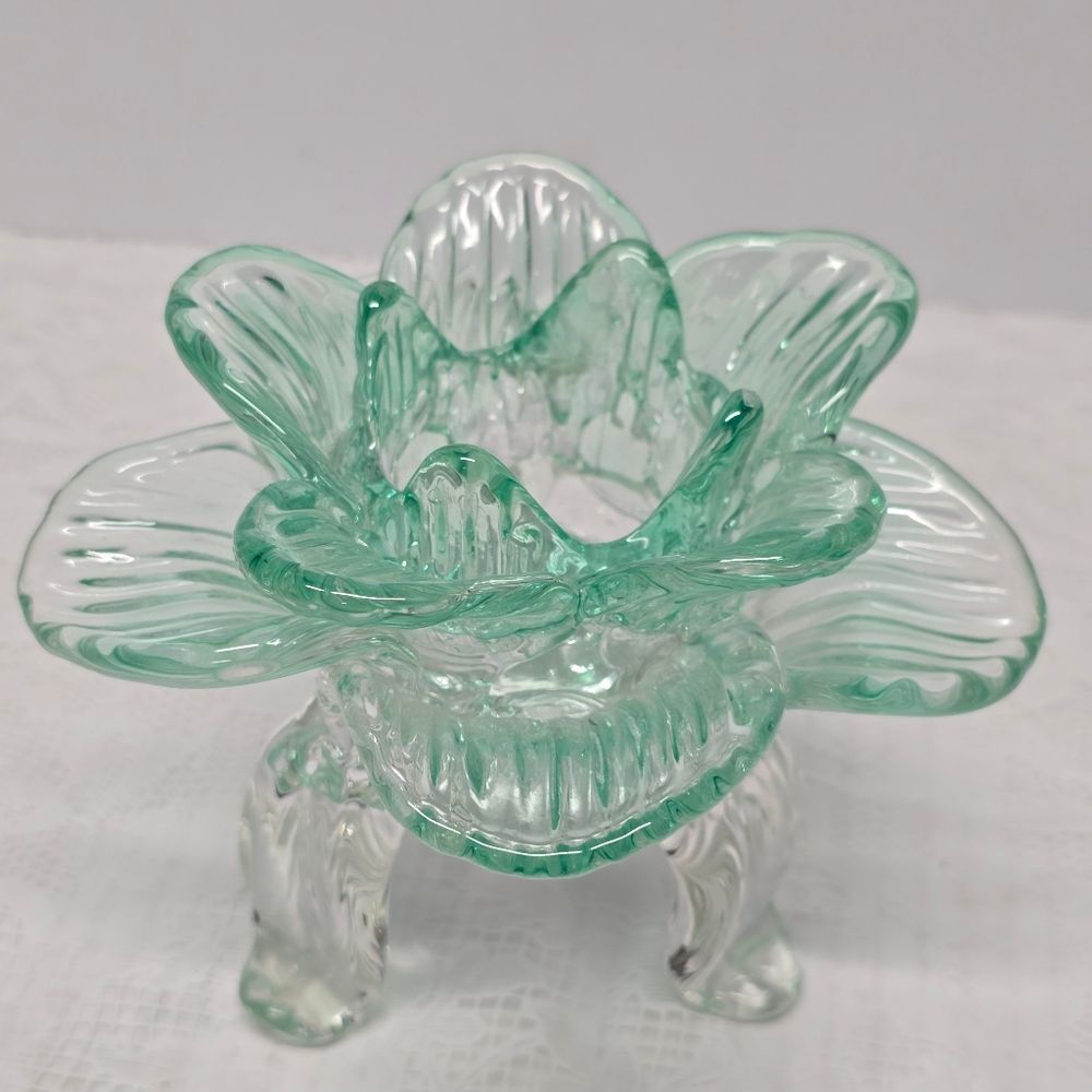 Vintage Teal Recycled Glass Footed Lotus Flower Candle Holder Art Deco Boho - Picture 9 of 11